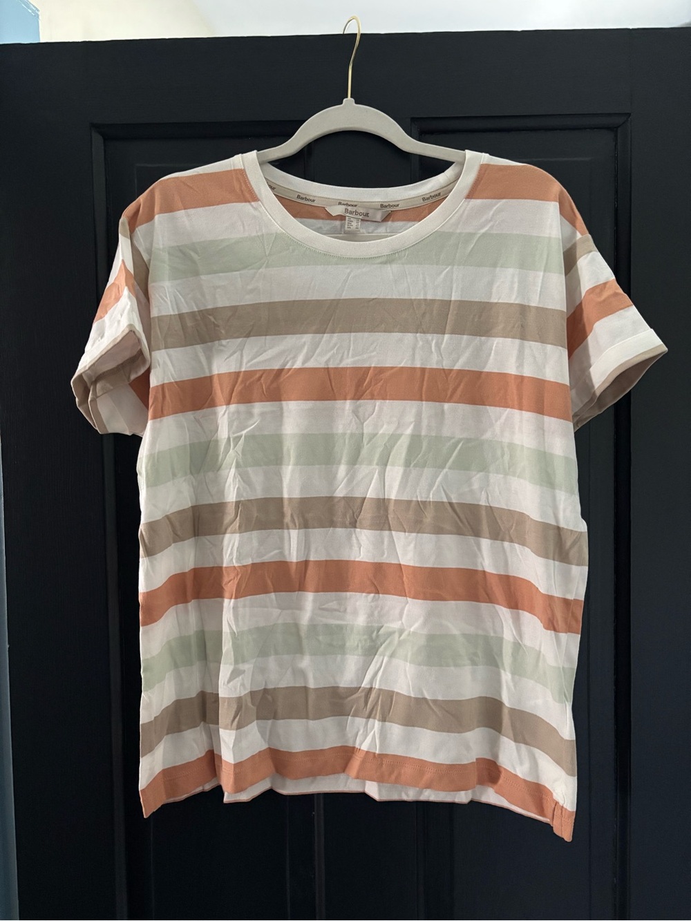 Barbour Striped Short Sleeve Tee in White, Tan, Peach, Sage
